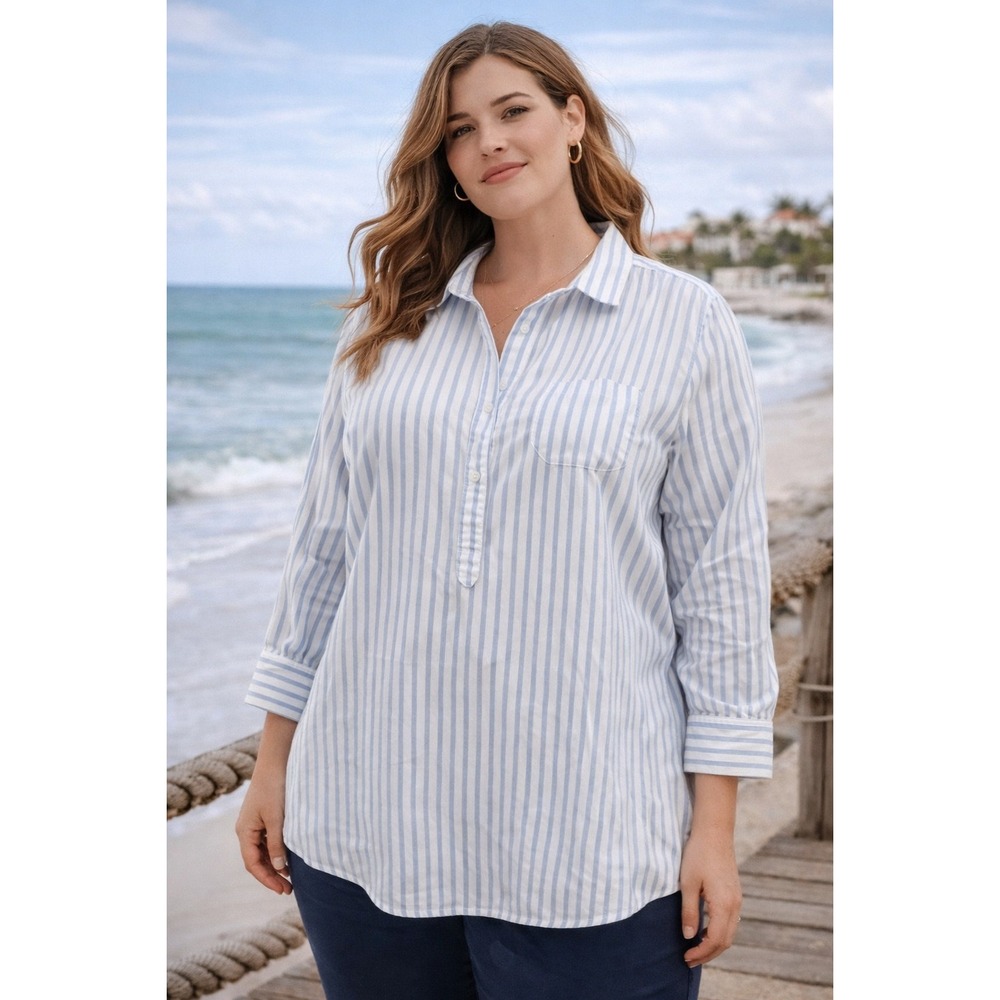 Lands' End Blue and White Striped Button-Front Tunic